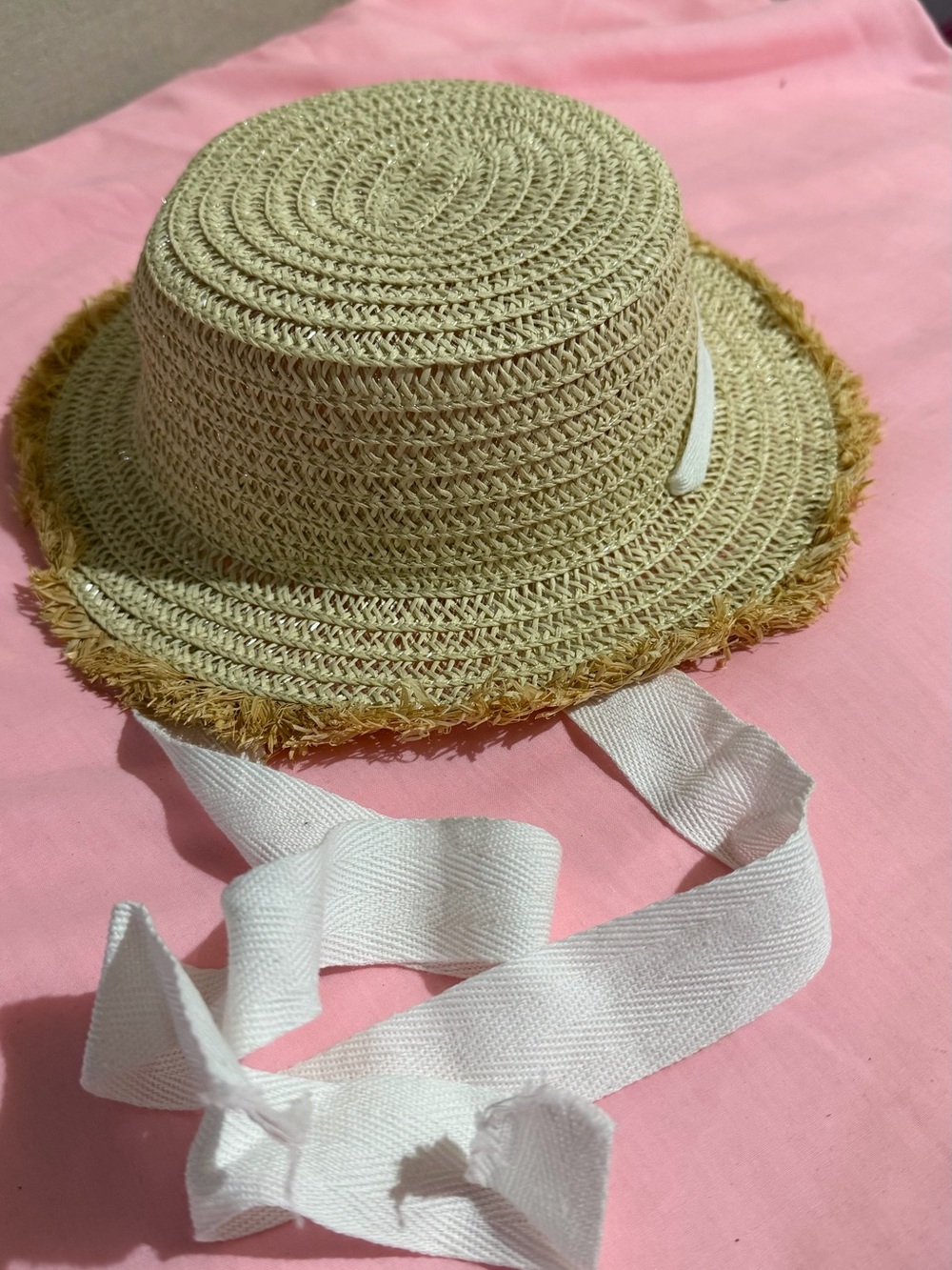 Kids Natural Straw Boater Hat with White Chin Ribbon